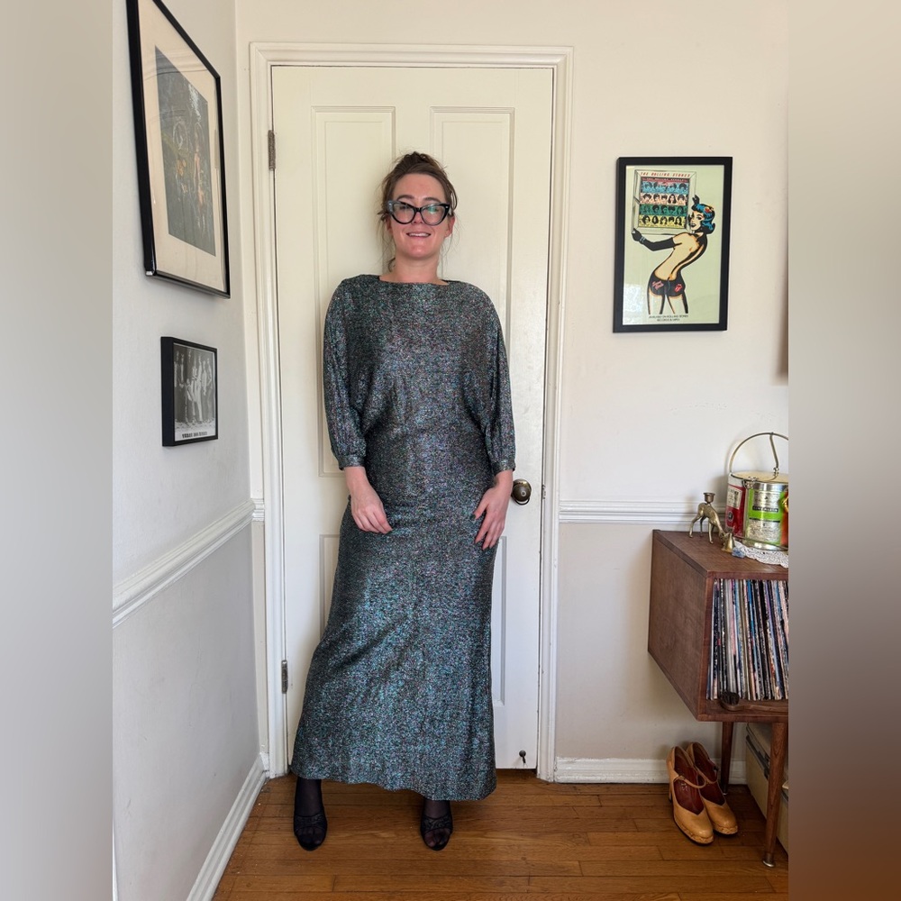 80s Vintage Maxi Length Batwing Sleeve Lurex Dress - Picture 2 of 9